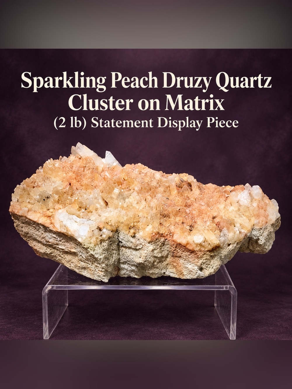 Sparkling Peach Druzy Quartz Cluster on Matrix 2 lb Statement Display Piece